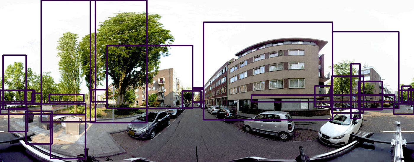 Example of an automatically labeled panoramic image of Amsterdam, part of the PanorAMS-noisy dataset